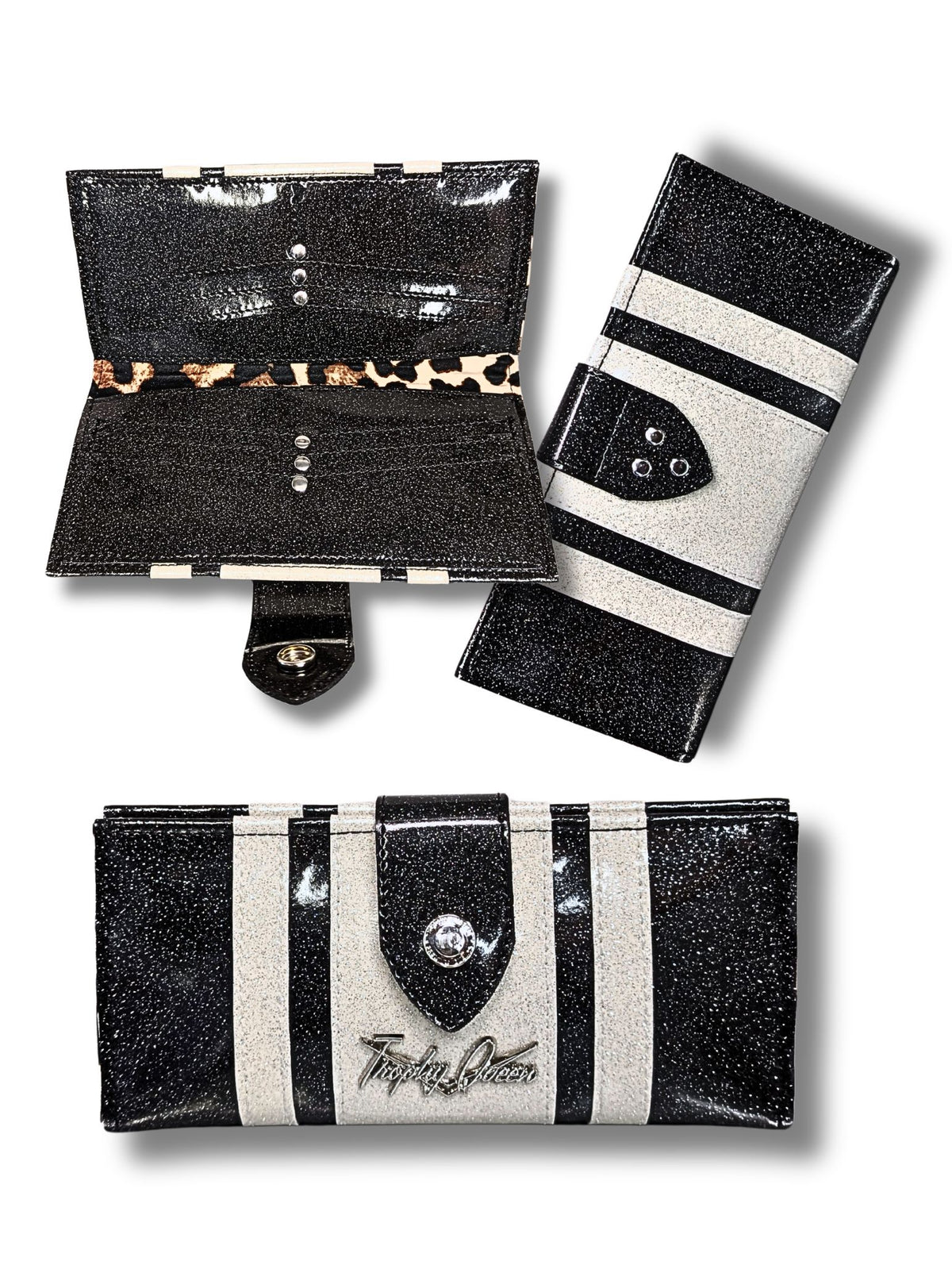 Long Card Wallet with Racing Striped - Coal Black & White Flake / Satin Leopard Lining