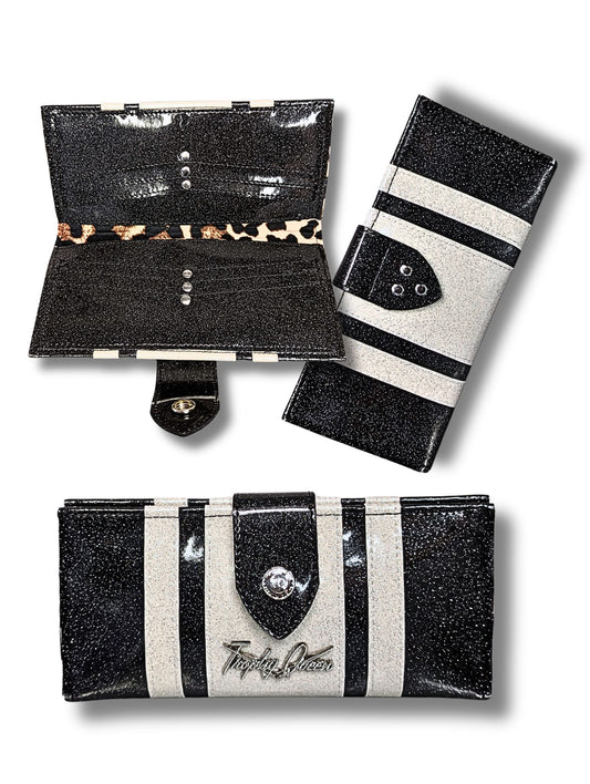 Long Card Wallet with Racing Striped - Coal Black & White Flake / Satin Leopard Lining