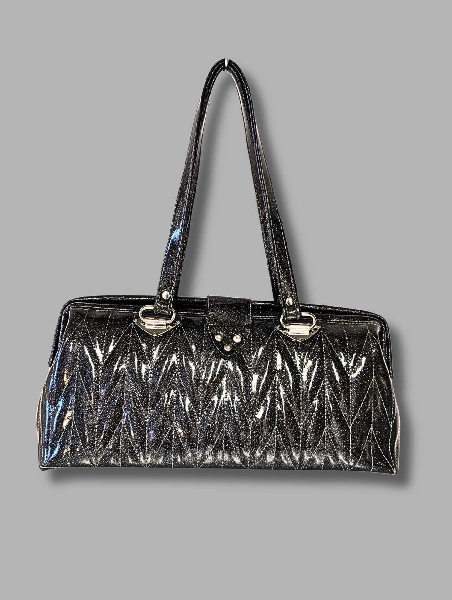 Small City Bag with Firebird Pleating- Coal Black Glitter Vinyl / Black Mexican Blanket Lining