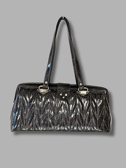 Small City Bag with Firebird Pleating- Coal Black Glitter Vinyl / Black Mexican Blanket Lining
