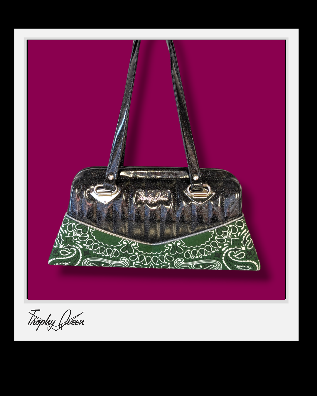 Bandana Handbag - Green & Coal Black Flake / Leopard Satin Lining