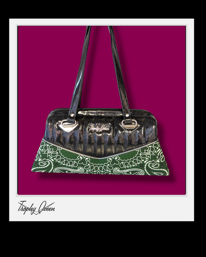Bandana Handbag - Green & Coal Black Flake / Leopard Satin Lining