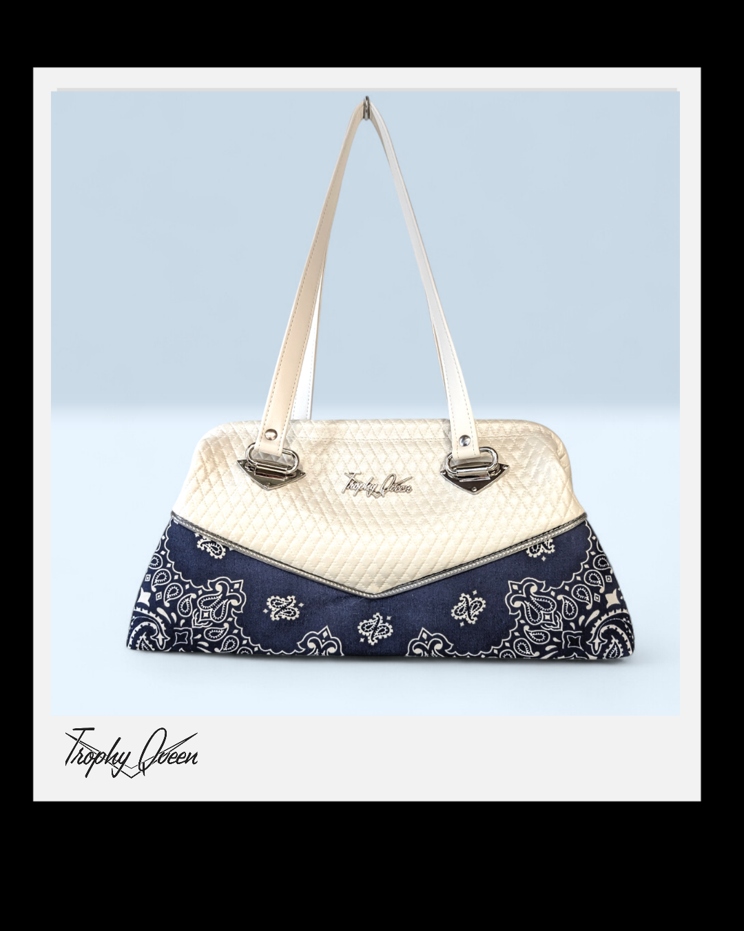 Bandana Handbag - Navy Blue & White Diamond Pleat / Leopard Satin Lining