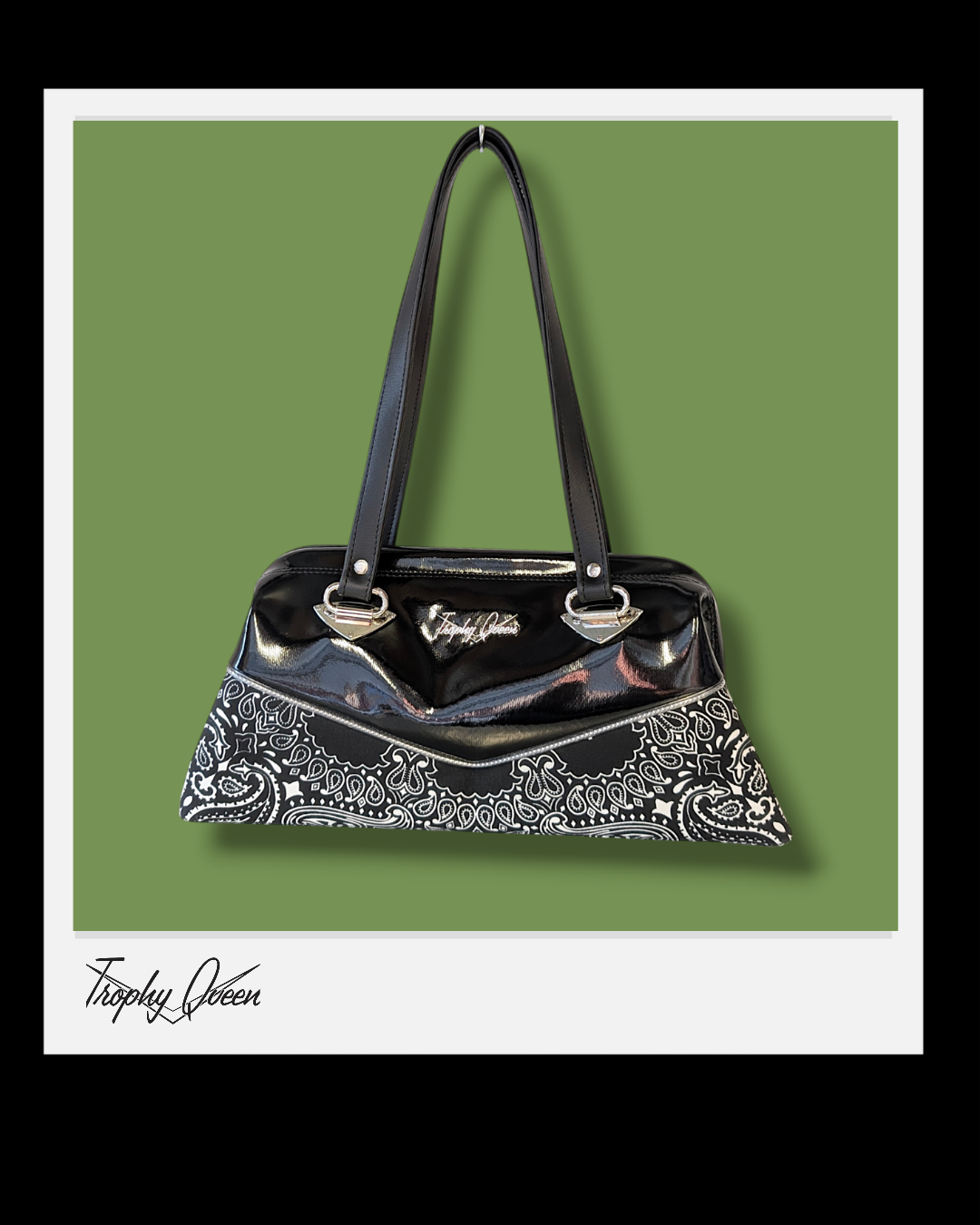 V8 Bandana Handbag - Black  & Black Gloss / Leopard Satin Lining