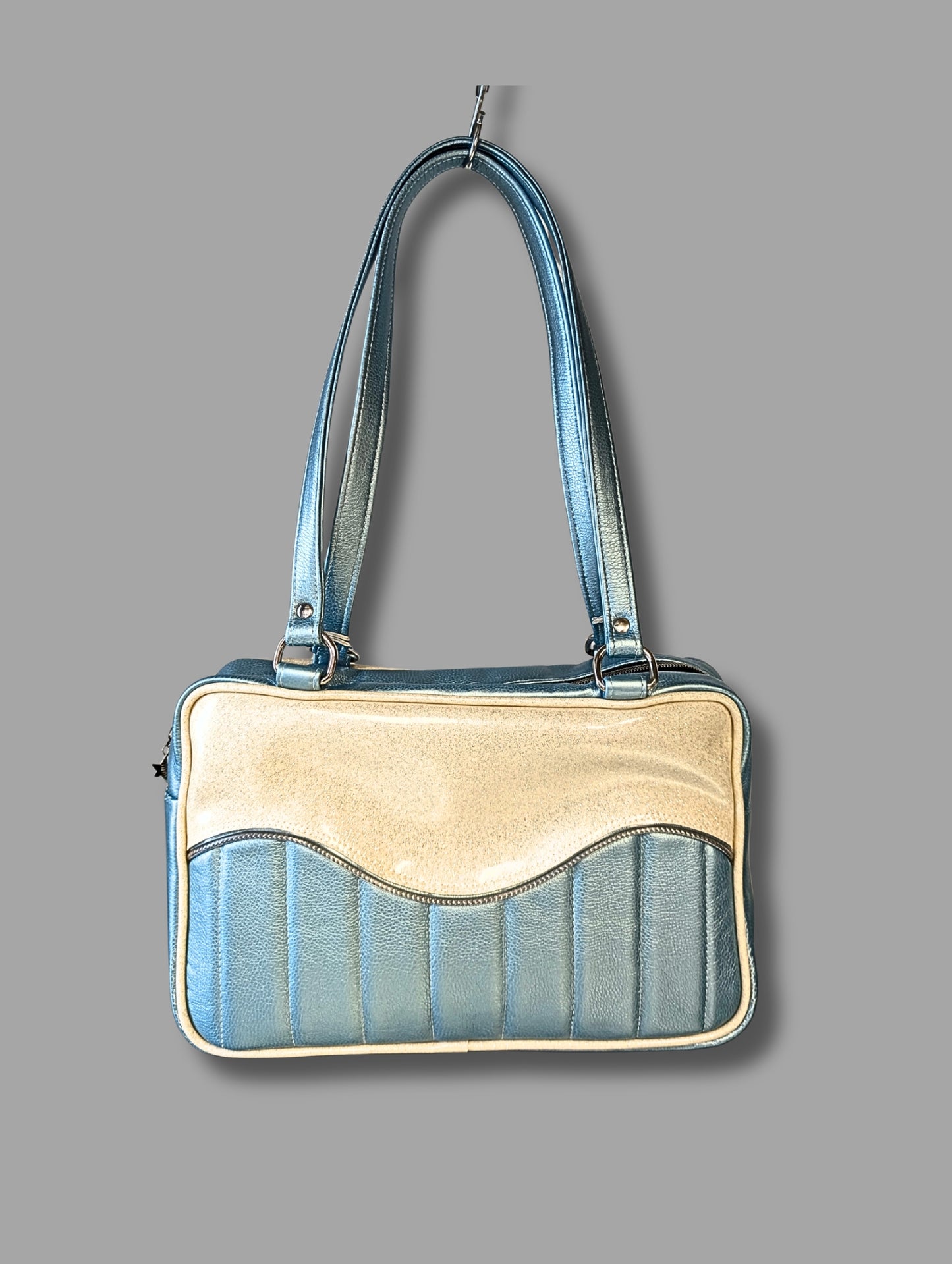 SALES SAMPLE! Tuck & Roll Tote Bag - Pearl Blue / White Glitter - Pink Leo Lining