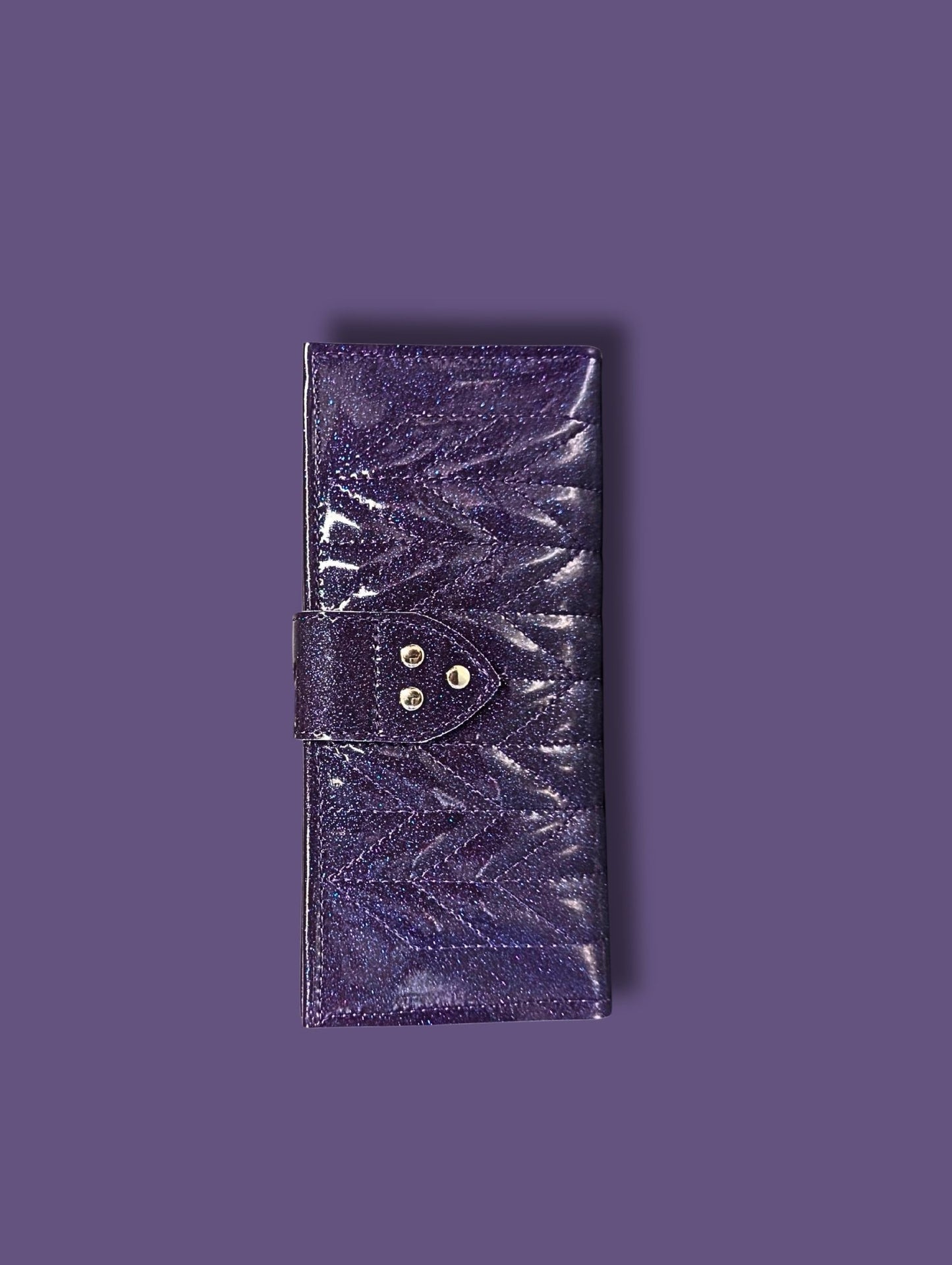 Long Card Wallet with Firebird Pleating - Purple Glitter / Leopard Lining