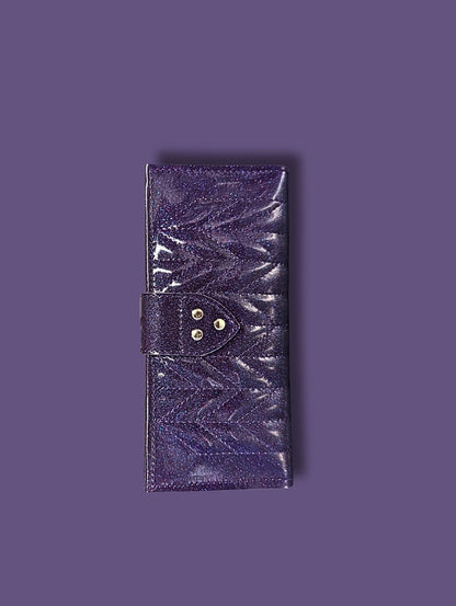 Long Card Wallet with Firebird Pleating - Purple Glitter / Leopard Lining