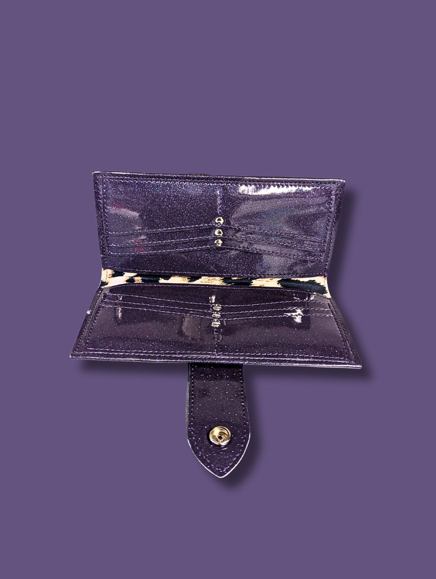 Long Card Wallet with Firebird Pleating - Purple Glitter / Leopard Lining