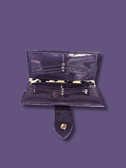 Long Card Wallet with Firebird Pleating - Purple Glitter / Leopard Lining