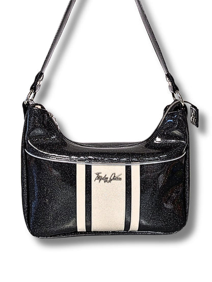 Racing Stripe Hobo Bag - Coal Black & White Flake / Satin Leopard Lining