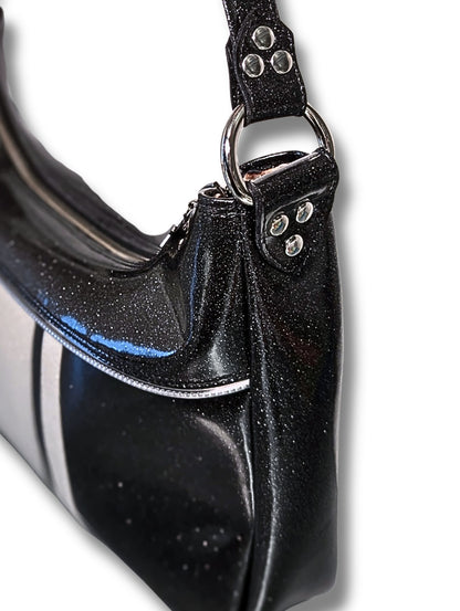 Racing Stripe Hobo Bag - Coal Black & White Flake / Satin Leopard Lining