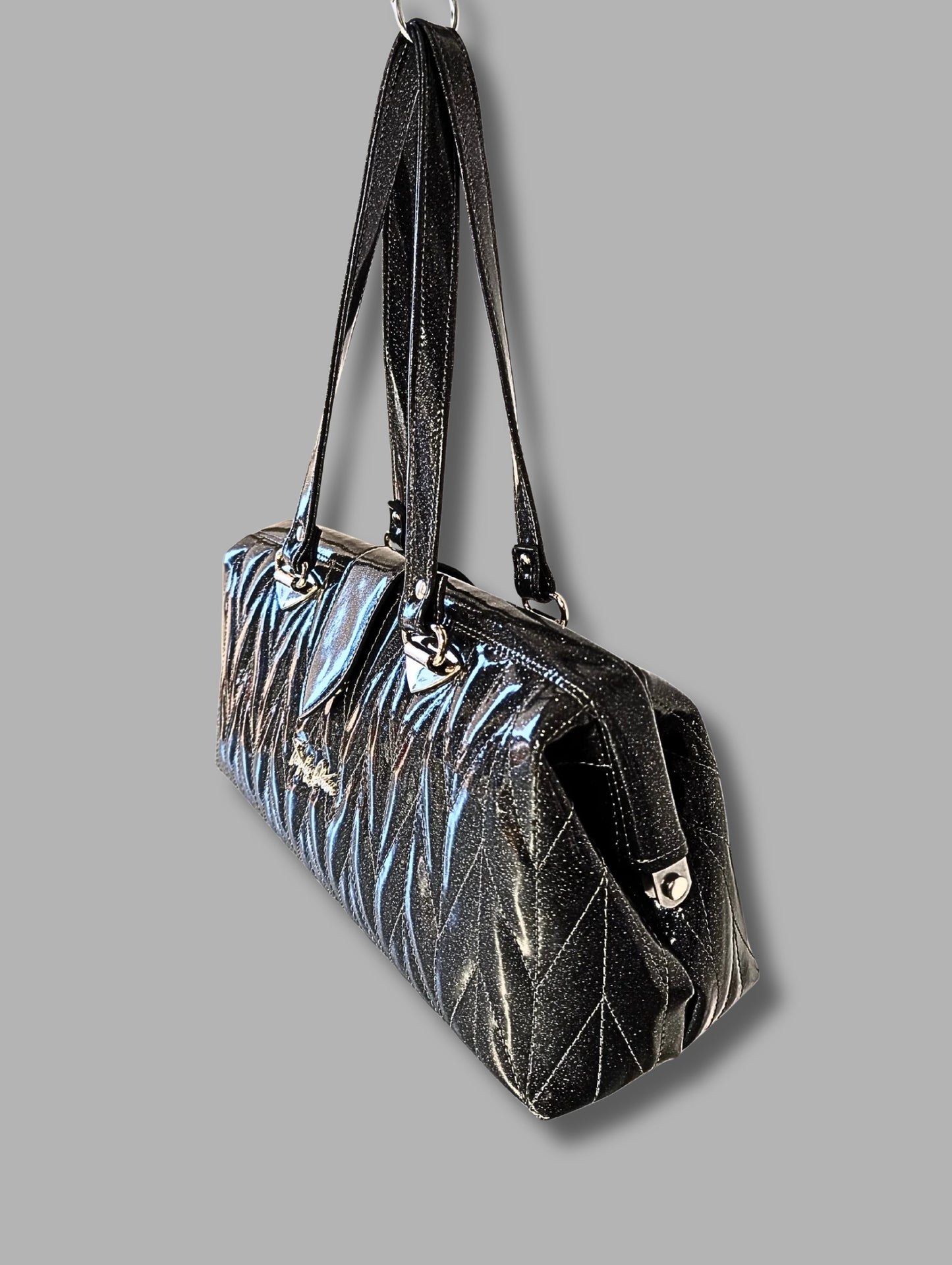Small City Bag with Firebird Pleating- Coal Black Glitter Vinyl / Black Mexican Blanket Lining
