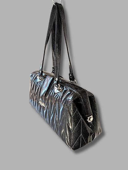 Small City Bag with Firebird Pleating- Coal Black Glitter Vinyl / Black Mexican Blanket Lining