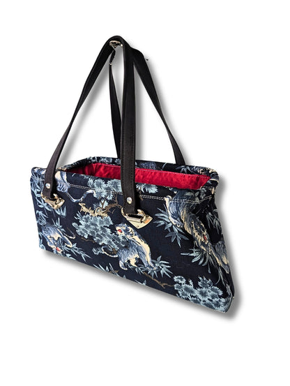 Japanese Navy Blue Tiger Print Kimono Fabric Handbag / Red Satin Lining