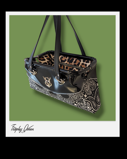 V8 Bandana Handbag - Black  & Black Gloss / Leopard Satin Lining