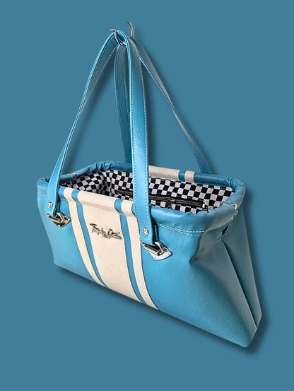 Racing Stripe Bag - Turquoise Blue Leatherette / White Flake Stripes - Checkerboard Lining