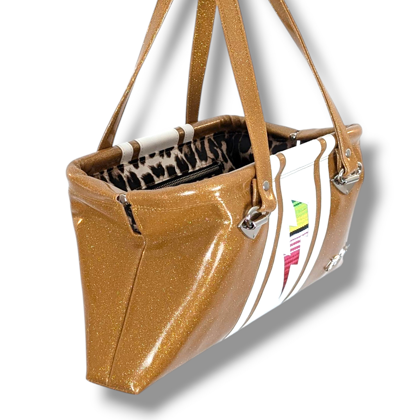 Dita Handbag with Stripes and Bolts  - Marigold / Pearl with Mex Bolts - Leopard Ling