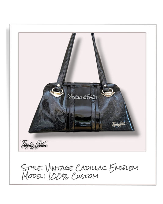 Vintage Cadillac Emblem Handbag - Coal Black Glitter / Black Gloss Racing Stripes  - Velvet Leo Lining