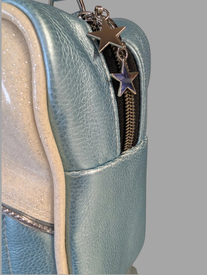 SALES SAMPLE! Tuck & Roll Tote Bag - Pearl Blue / White Glitter - Pink Leo Lining