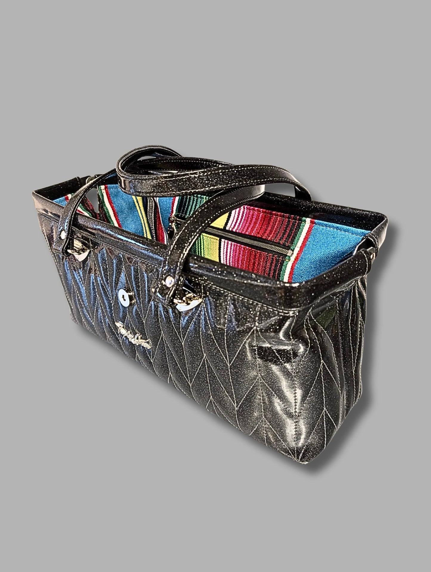 Small City Bag with Firebird Pleating- Coal Black Glitter Vinyl / Black Mexican Blanket Lining