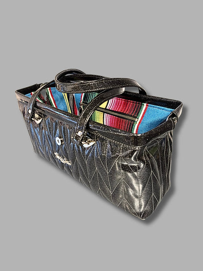 Small City Bag with Firebird Pleating- Coal Black Glitter Vinyl / Black Mexican Blanket Lining
