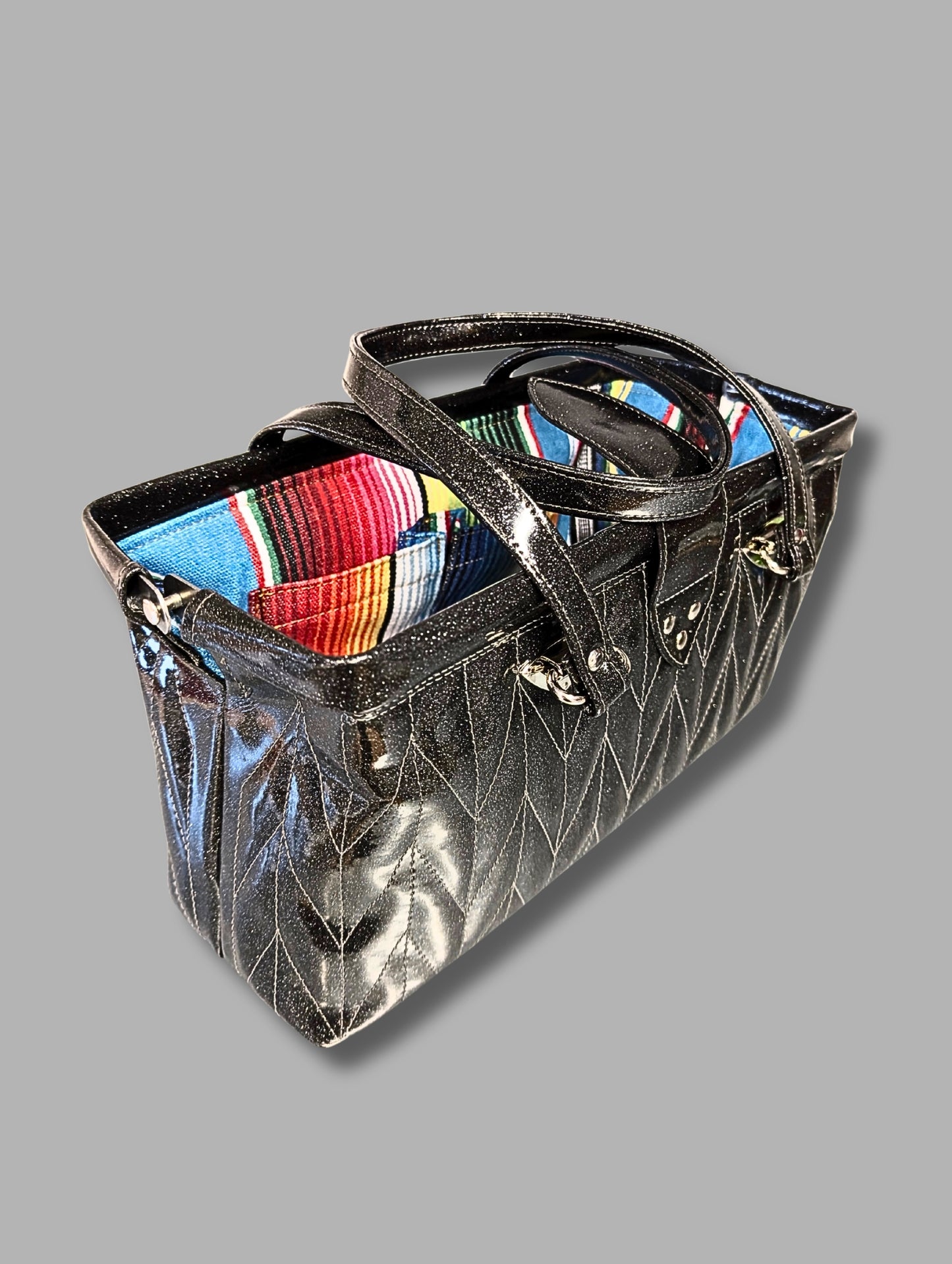 Small City Bag with Firebird Pleating- Coal Black Glitter Vinyl / Black Mexican Blanket Lining