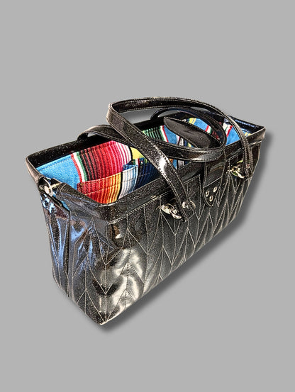 Small City Bag with Firebird Pleating- Coal Black Glitter Vinyl / Black Mexican Blanket Lining