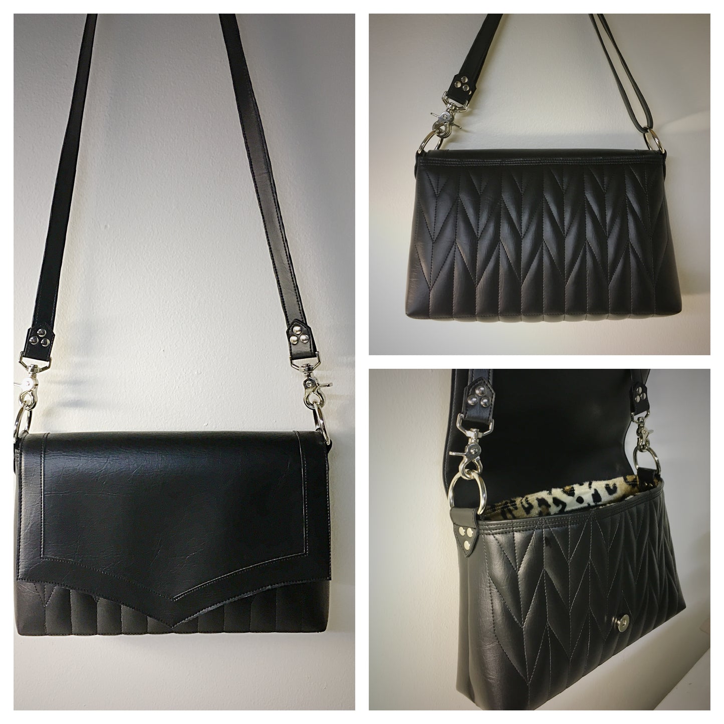 Saddle Bag with Firebird Pleating - Black with Leopard Lining and Cross Body Strap
