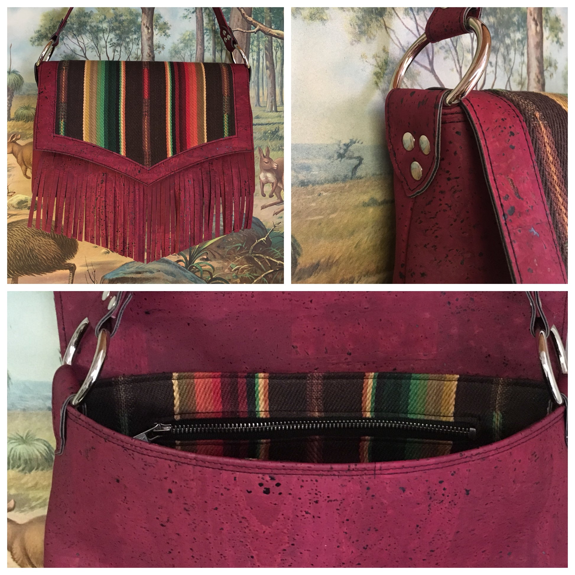 Fringe Saddle Bag in Genuine Sustainable Wine Colored Cork with Chocolate Serape Fabric with 24” (61cm) shoulder strap, magnetic closure, inside open divided pocket and zipper pocket with J.T. Christensen Designs Signature Label and hidden serial number. Ships from Sweden