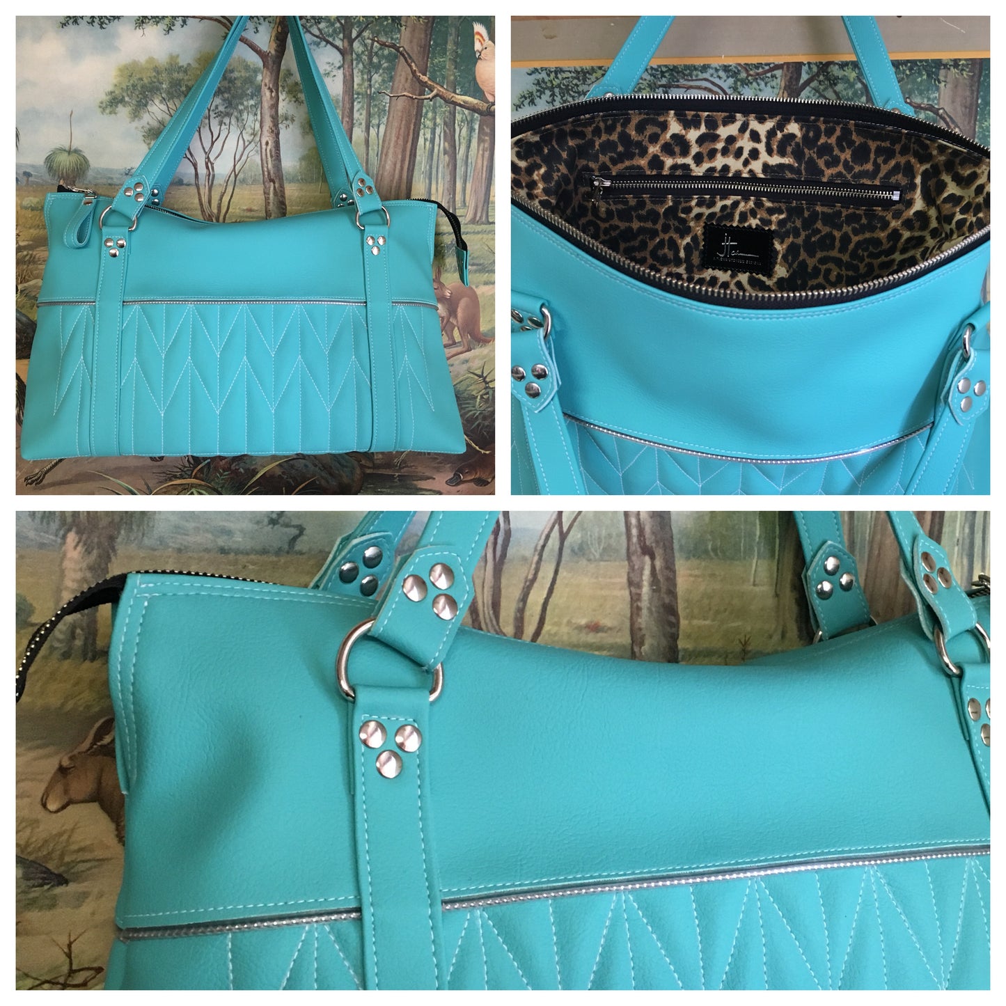 Zipper Tote Bag with Firebird Pleating - Turquoise Vinyl / Leopard Canvas Lining