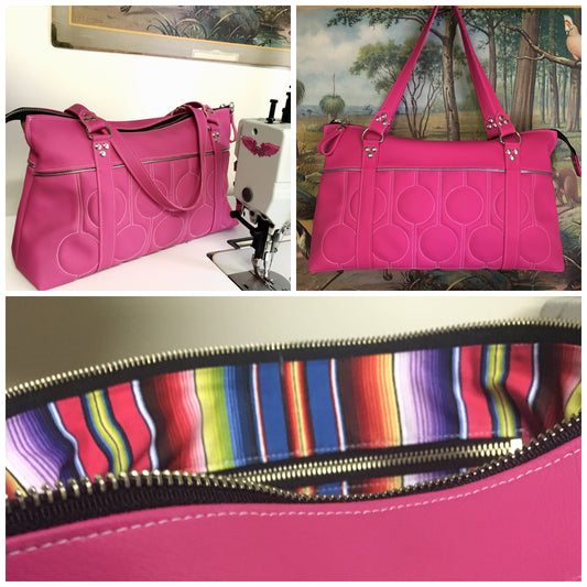 Zipper Tote Bag with Bubble Pleating - Hot Pink Vinyl / Fiesta Print Lining