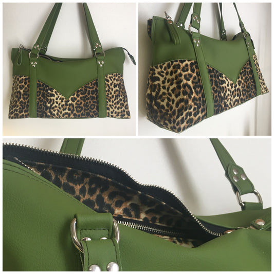 Western Zipper Tote Bag  - Tiki Green Vinyl / Leopard Canvas