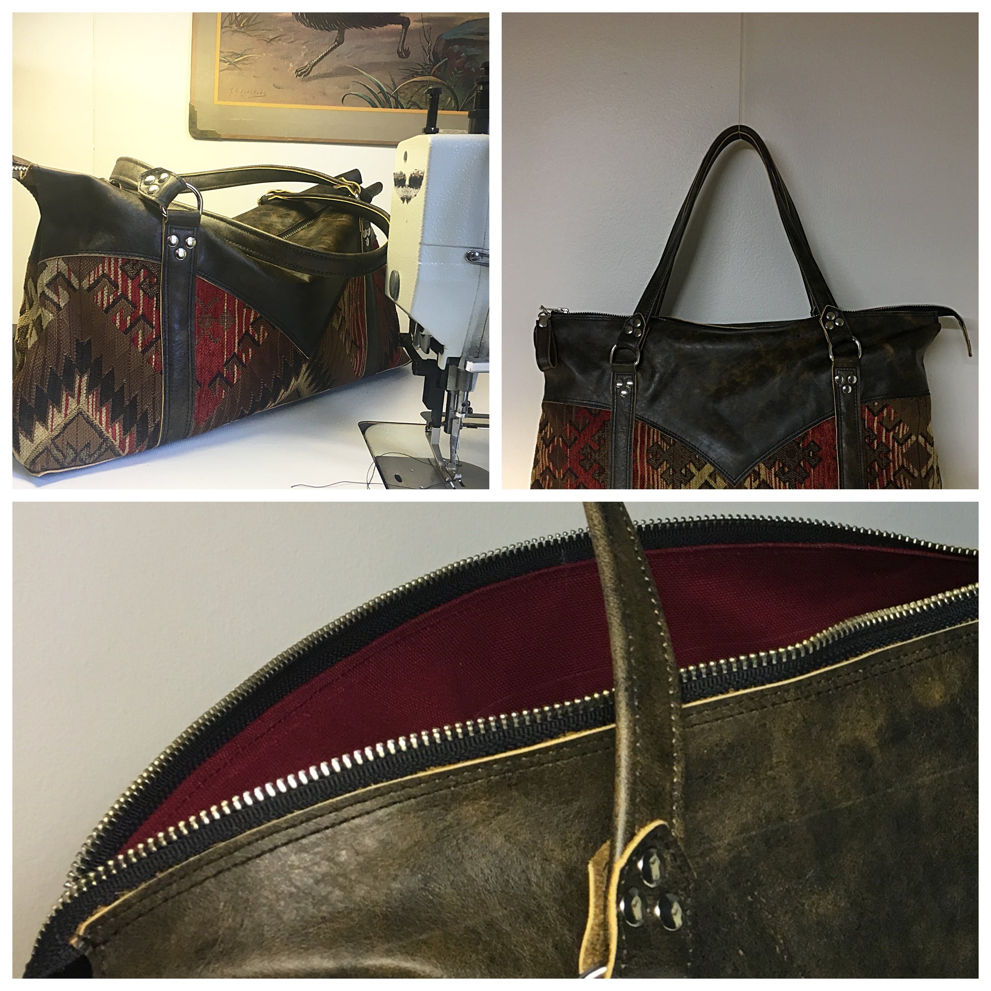 Death Valley Zipper Tote Bag in brown distressed leather and Southwest print woven fabric lining with zipper closure and vinyl pull, inside open divided pocket and one zipper pocket with 20” shoulder strap. Signature J.T.Christensen Designs Label inside and hidden serial number.
