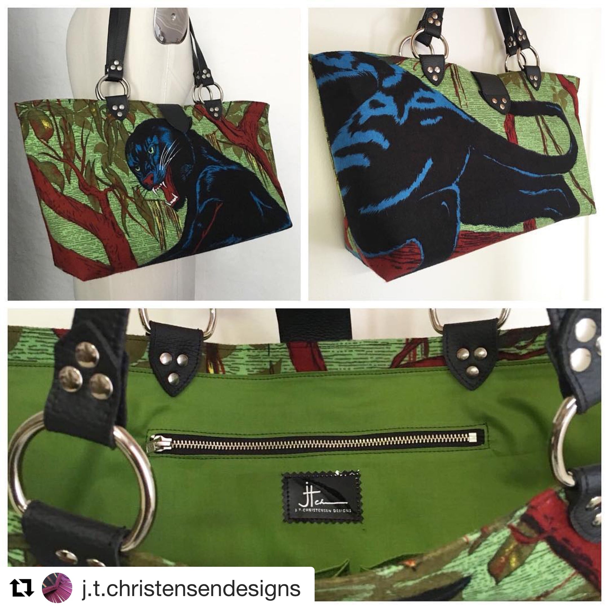 Limited Edition Panther Open Tote with Olive Green Cotton Lining measuring 17" Across At Bottom (21.5" Across At Top) x 10.5" Tall x 5" Wide (43 cm At Bottom / 54.5 cm At Top x 26.5 cm Tall x 12.5 cm Wide) with 20” (51cm) vinyl tote straps. Inside an open divided pocket with signature J.T. Christensen Label and zipper pocket with hidden serial number. Ships from Sweden.