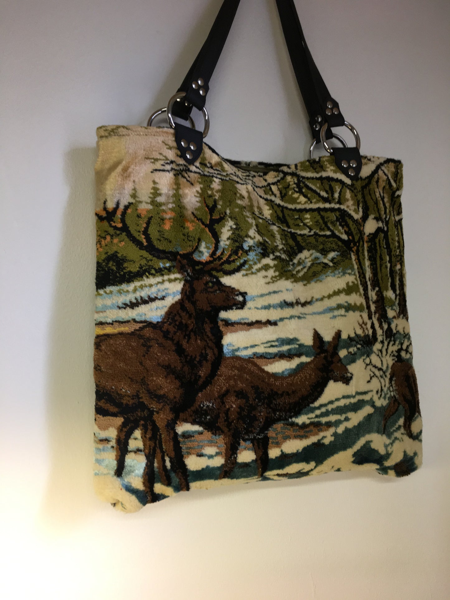 Re-purposed Deer Tapestry Tote /  Olive Green Velveteen Lining
