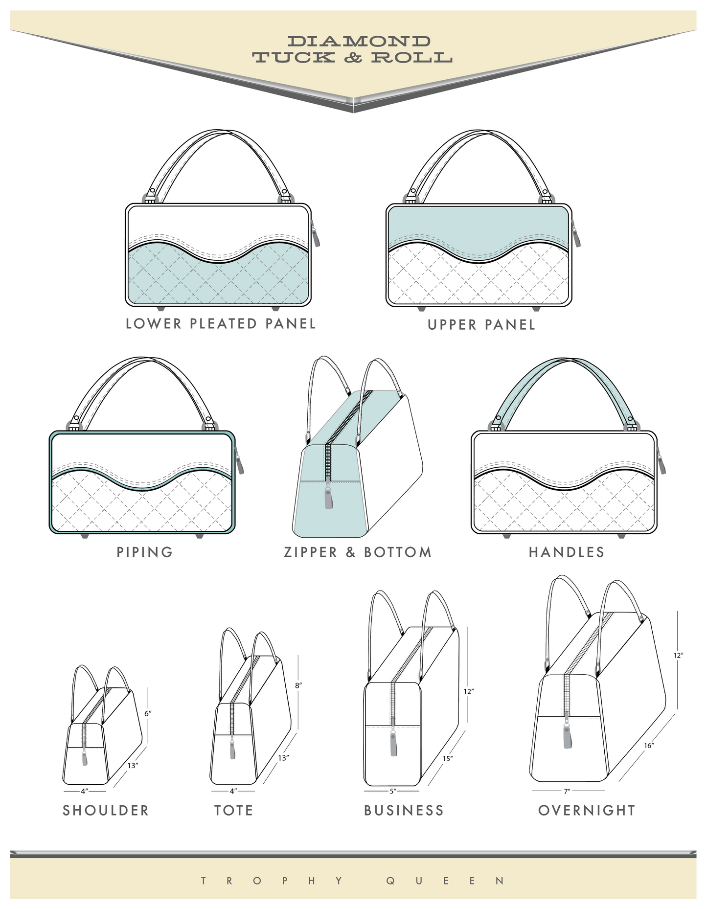Diamond Tuck & Roll Features: The Kustom Diamond Pleat Tuck and Roll is made with vinyl or alternative material of your choice and clear overlay lined with plush material or Mexican blanket customized by you. Accents are made of  nickel hardware, 25” straps including a set of  replacement straps. Inside open divided pocket, inside zipper pocket with serial number hidden inside, vinyl zipper pull ,and signature Trophy Queen Label. Please Allow 3-4 Weeks to Ship.