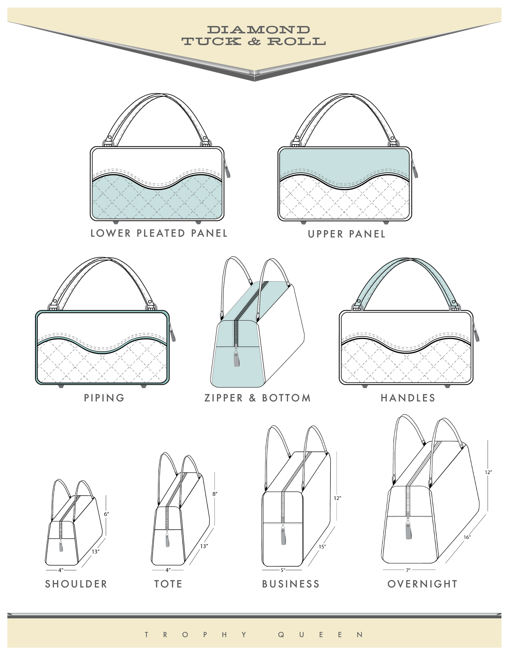 Diamond Tuck & Roll Features: The Kustom Diamond Pleat Tuck and Roll is made with vinyl or alternative material of your choice and clear overlay lined with plush material or Mexican blanket customized by you. Accents are made of  nickel hardware, 25” straps including a set of  replacement straps. Inside open divided pocket, inside zipper pocket with serial number hidden inside, vinyl zipper pull ,and signature Trophy Queen Label. Please Allow 3-4 Weeks to Ship.