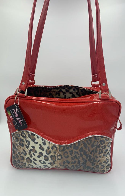 Diamond Pleat Tuck and Roll Business Bag - Leopard / Bright Red Glitter - Leopard Lining