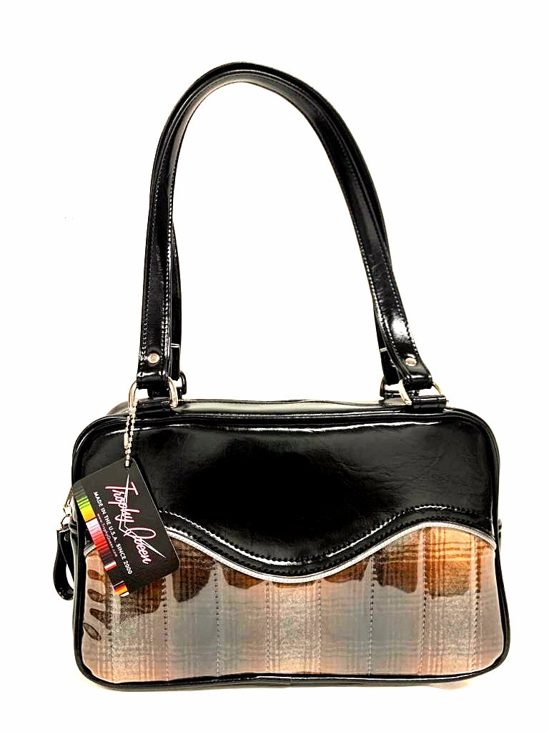 Tuck and Roll Tote Bag - Brown Pendleton / Grease Black Vinyl - Leopard Lining