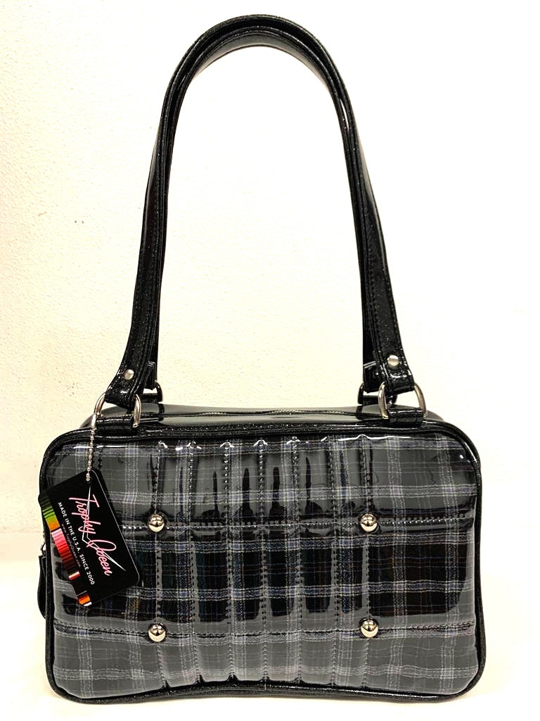 Galaxy Shoulder Tote, slightly larger than the Galaxy Shoulder Bag in Limited Edition Navy Blue Pendleton and Plush Leopard Lining with nickel hardware and nickel feet, vinyl zipper pull, and 25” (61cm) straps. Inside you’ll find an open divided pocket, a zipper pocket with serial number inside and signature Trophy Queen Label. Ships from California with an extra set of replacement straps.