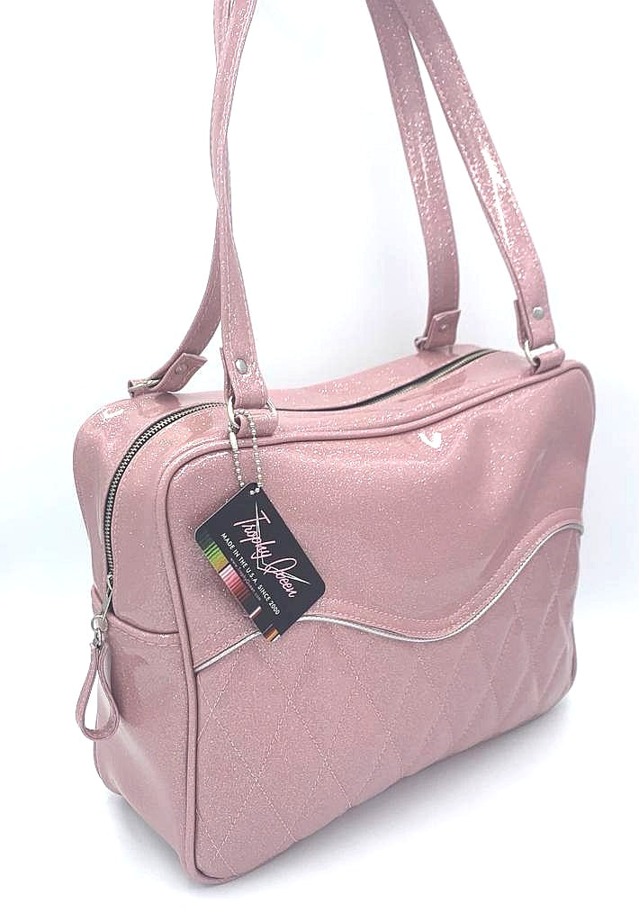 Diamond Pleat Tuck and Roll Business Bag - Blush Pink Glitter Vinyl / Leopard Lining