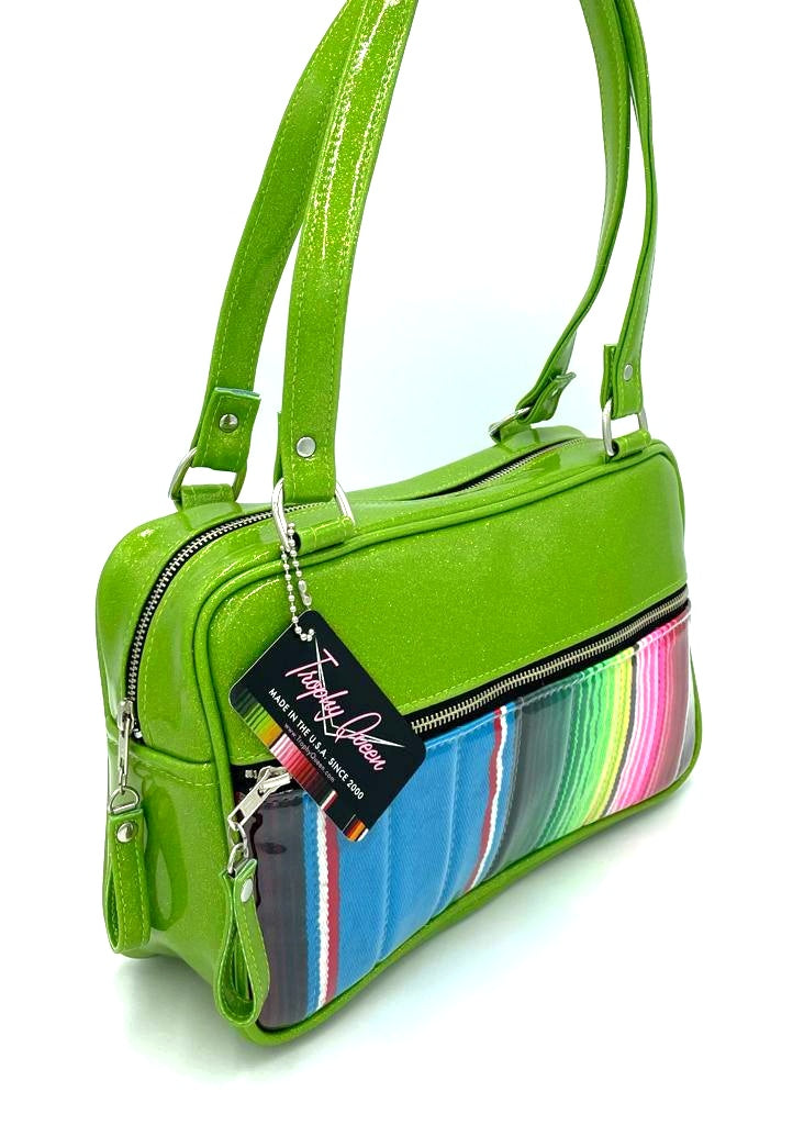 Fairlane Tote Bag - Mexican Blanket with Clear Overlay / Lime Green Glitter Vinyl - Leopard Lining