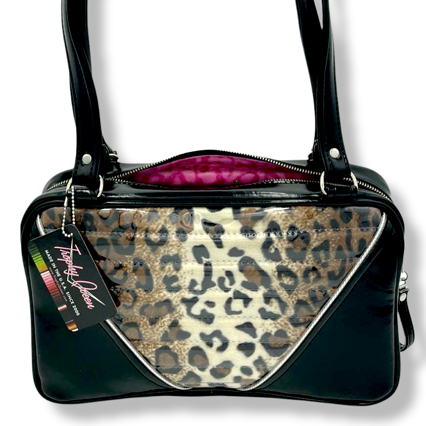 Comet Tote Bag - Leopard with Clear Overlay / Grease Black Vinyl - Pink Leo Lining