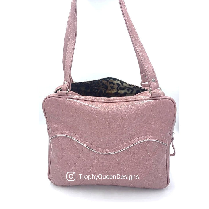 Diamond Pleat Tuck and Roll Business Bag - Blush Pink Glitter Vinyl / Leopard Lining