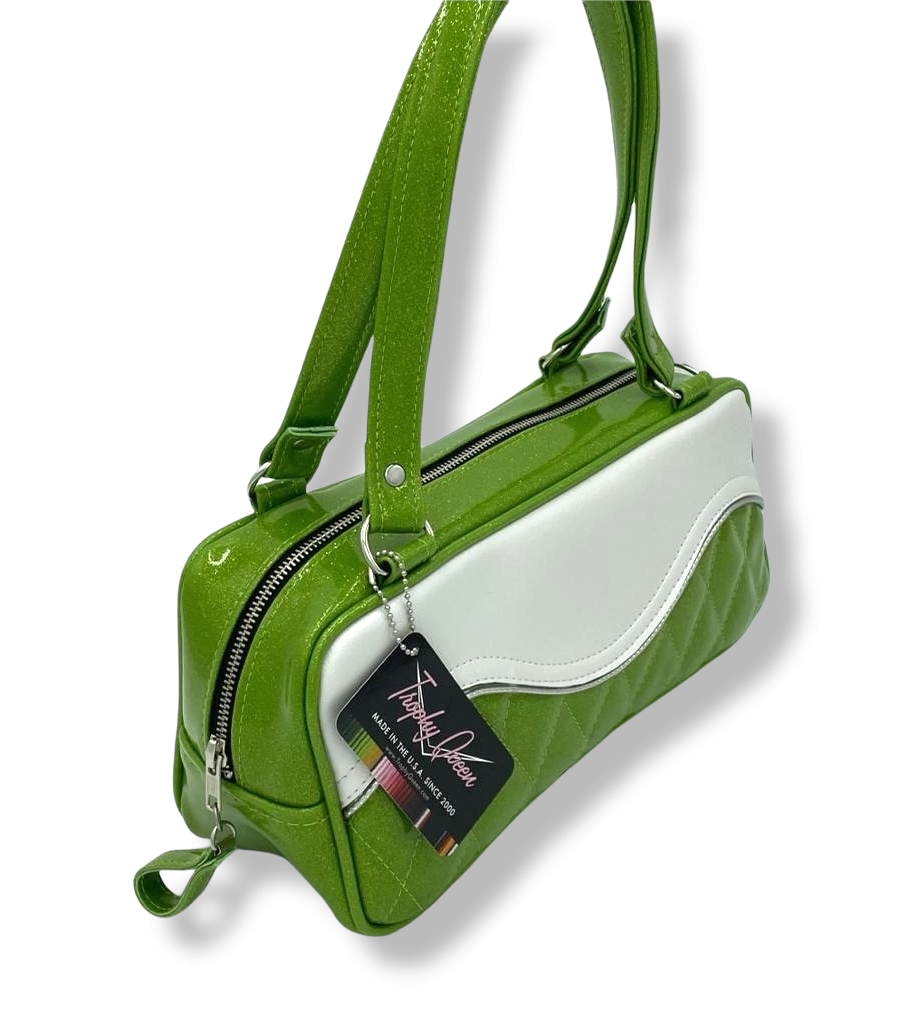 Tuck and Roll Shoulder Bag Lime Green Glitter Pearl Leo Lining