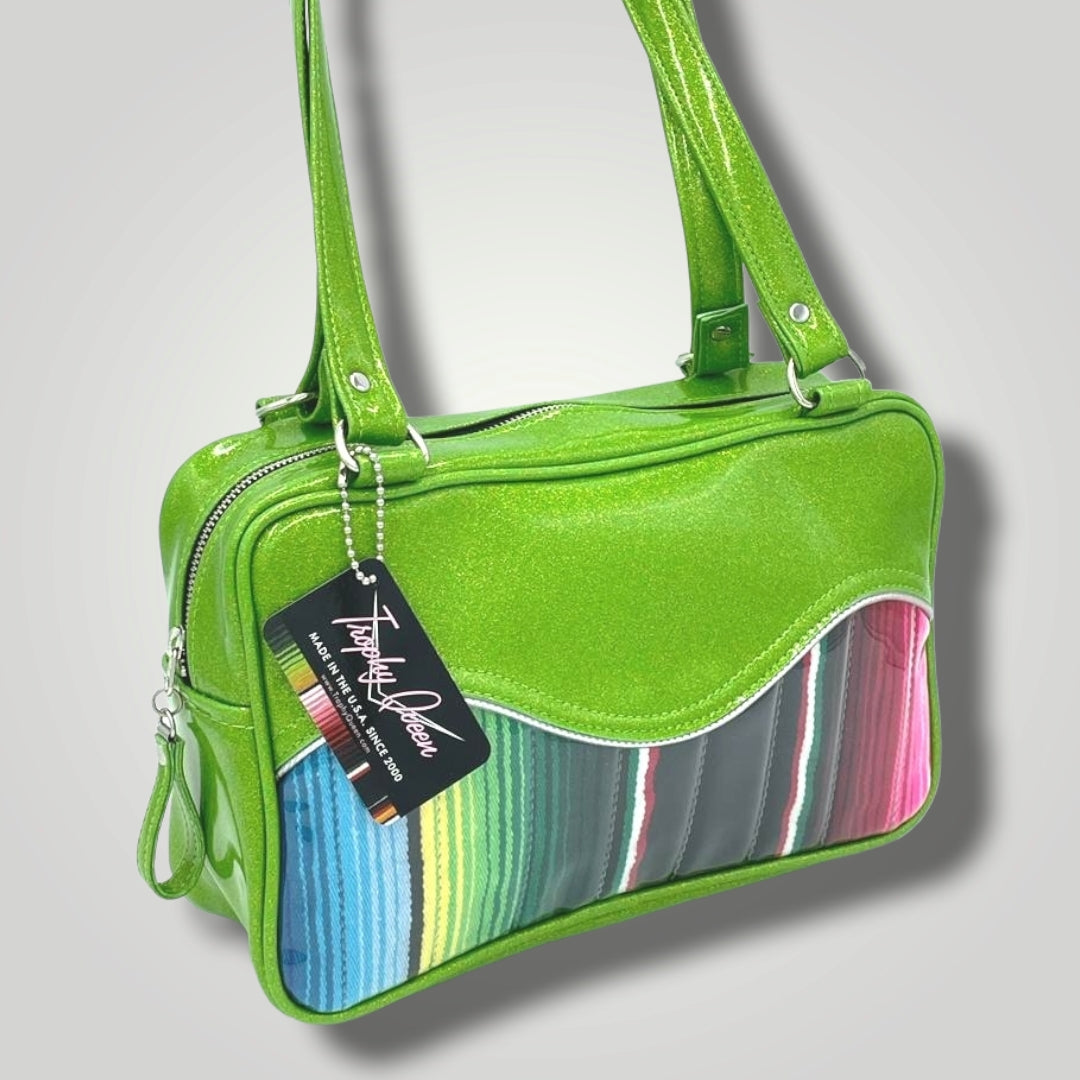 Tuck and Roll Tote Bag - Mexican Blanket with Clear Overlay / Lime Glitter Vinyl - Leopard Lining