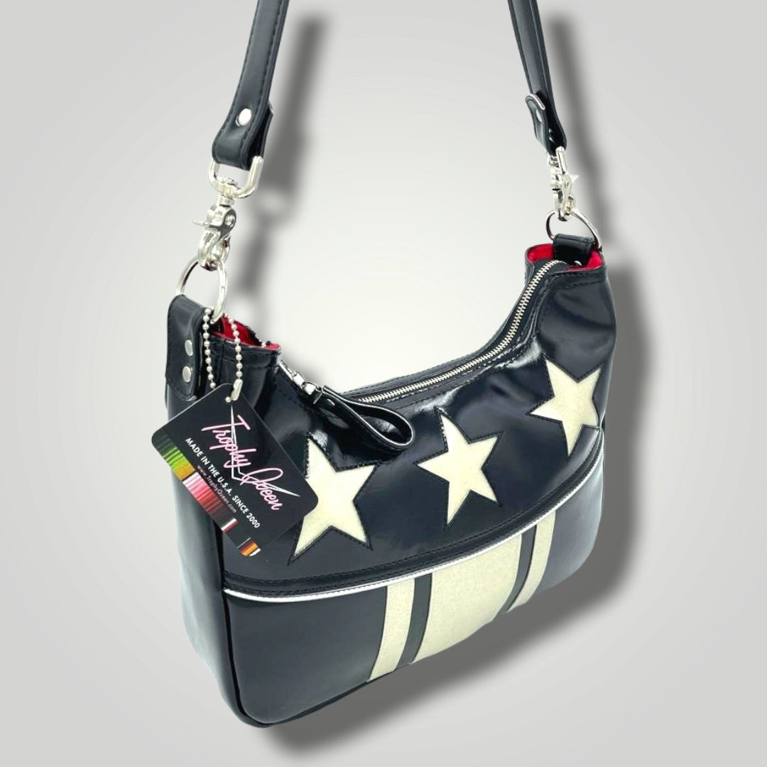 Stars & Stripes Hobo Bag - Grease Black / White Glitter - Red Lining