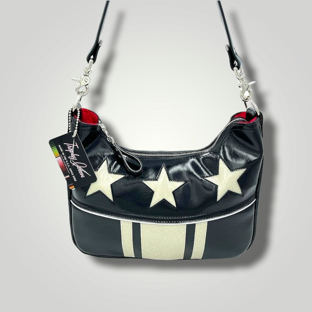 Stars & Stripes Hobo Bag - Grease Black / White Glitter - Red Lining