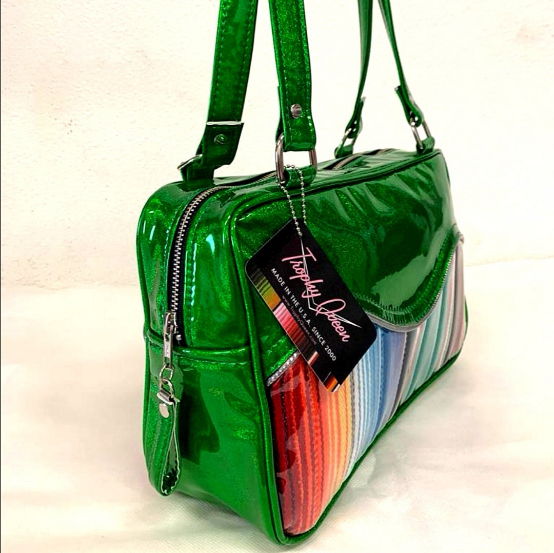 Fairlane Tote Bag - Mexican Blanket with Clear Overlay / Lime Green Glitter  Vinyl - Leopard Lining