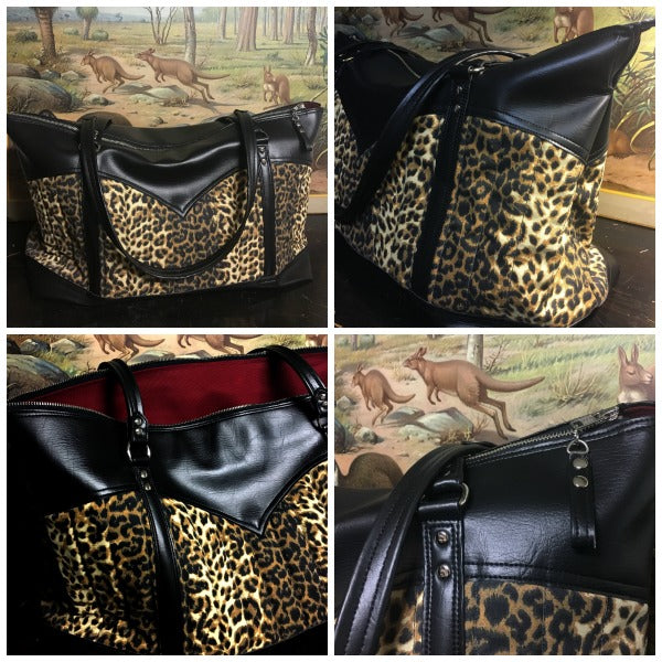 Sample Sale Get Away Weekender Bag in Leopard and Onyx Black with Red Sangria Lining in “almost perfect condition” and sold “as is”. Measures 20” x 9” x 13” (approx 50cm x 22cm x 33cm) with 32” (approx 81cm) Shoulder Straps. Inside is an open divided pocket and zipper pocket. Fits most Airline overhead compartments. All Sales are final, no returns and no exchanges. Price includes shipping from Sweden.